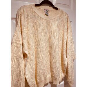 Vintage Talbots Cream Cable Knit Diamond Pattern Crew Neck Sweater Size L
